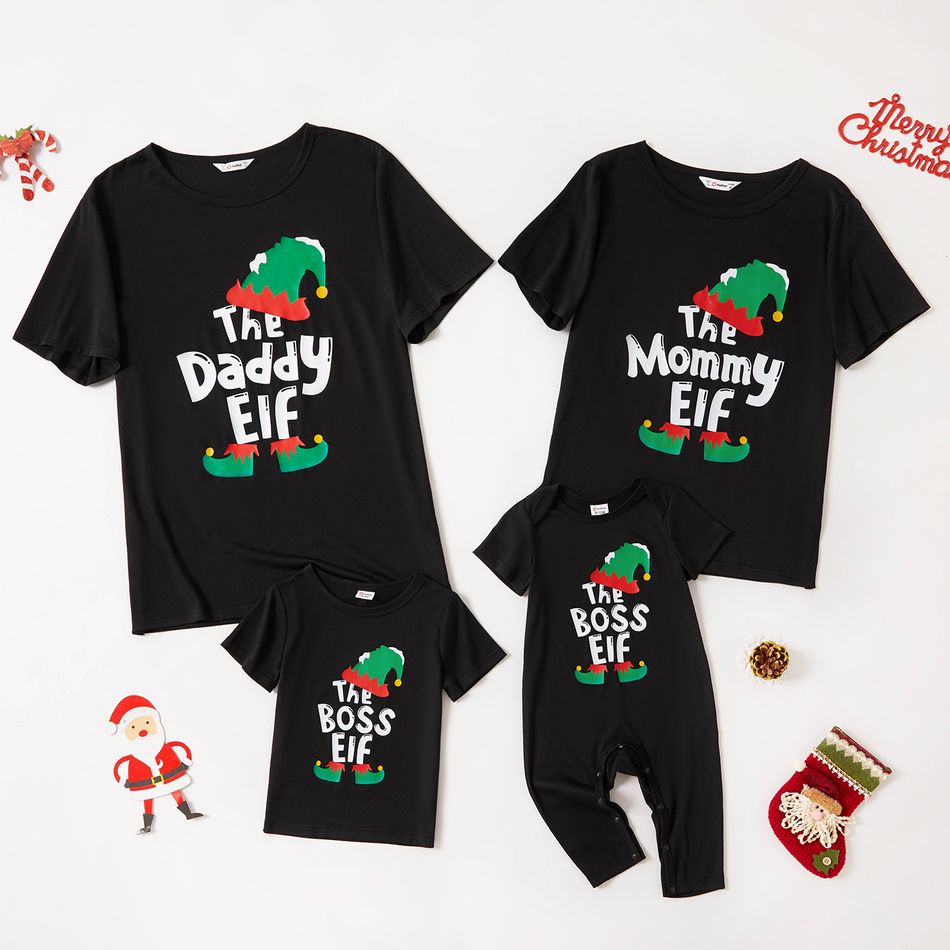 Christmas Shoe Hat Letter Print Short-sleeve Family Matching Black Tops Black