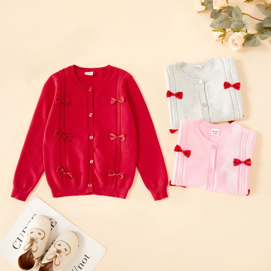 Toddler Girl Bowknot Design Cable Knit Button Design Sweater Cardigan Pink big image 5