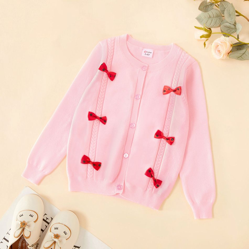 Toddler Girl Bowknot Design Cable Knit Button Design Sweater Cardigan Pink