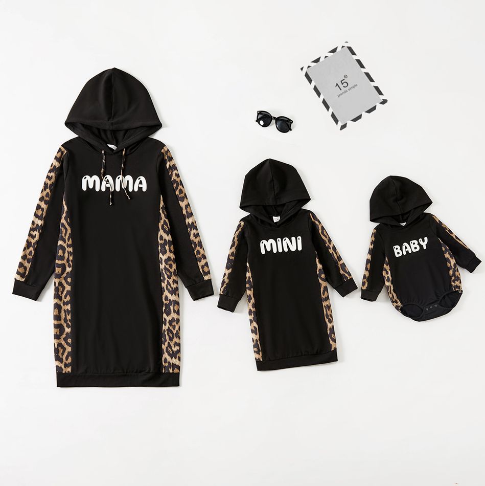 Letter Print Leopard Splicing Black Long-sleeve Hoodie Dress for Mom and Me Black