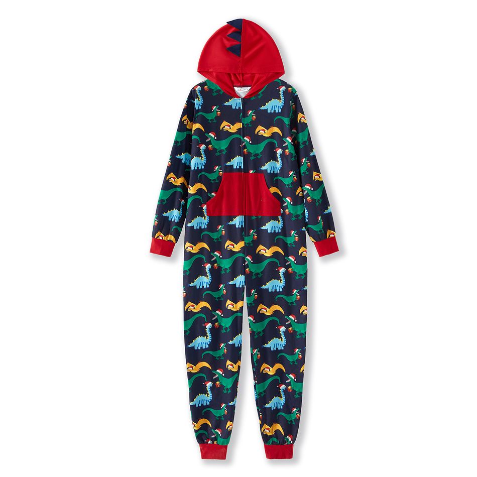 Allover Dinosaur Print Splice Hooded Long-sleeve Family Matching Onesies Pajamas Sets (Flame Resistant) Royal Blue big image 2