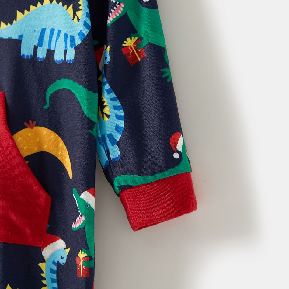 Allover Dinosaur Print Splice Hooded Long-sleeve Family Matching Onesies Pajamas Sets (Flame Resistant) Royal Blue big image 5