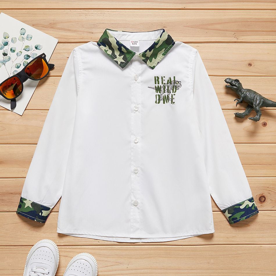Kid Boy Letter Dinosaur Print Camouflage Lapel Collar Button Design Shirt White