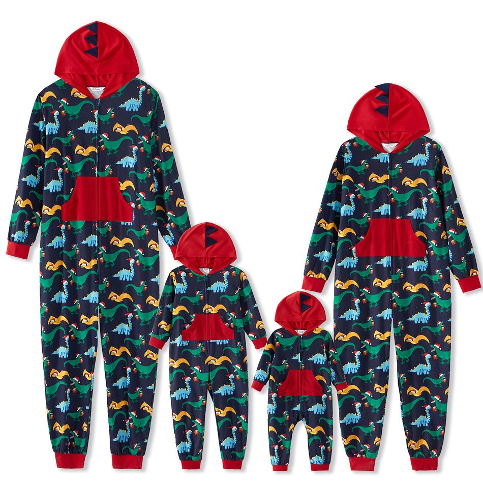 Allover Dinosaur Print Splice Hooded Long-sleeve Family Matching Onesies Pajamas Sets (Flame Resistant) Royal Blue big image 1