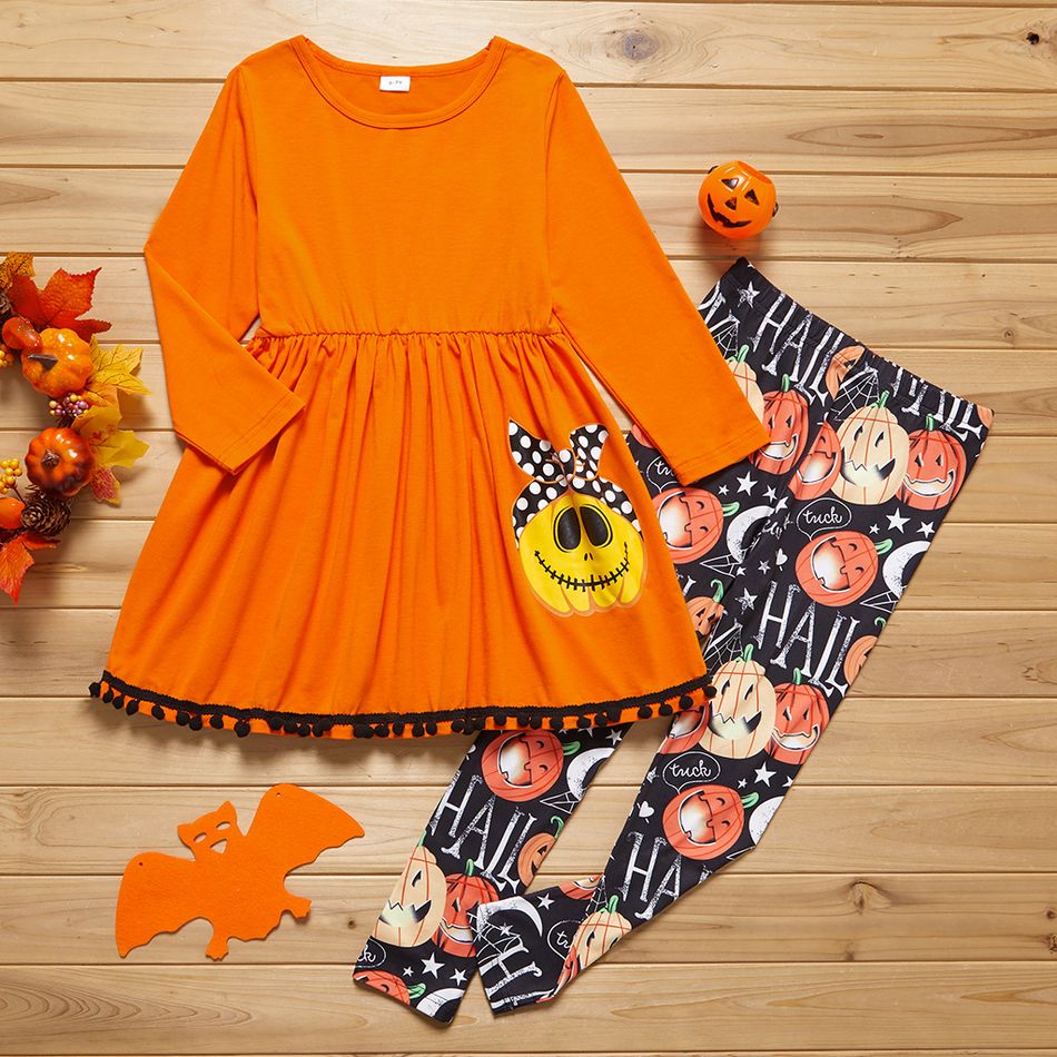 2-piece Kid Girl Halloween Pumpkin Print Pompom Hem Long-sleeve Top and Letter Print Leggings Set Orange