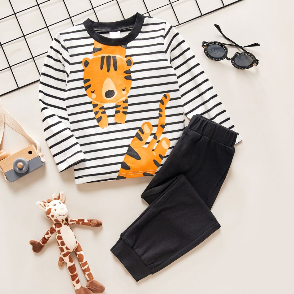 2-piece Toddler Girl/Boy Tiger Print Stripe Long-sleeve Tee and Black Pants Set Black big image 1