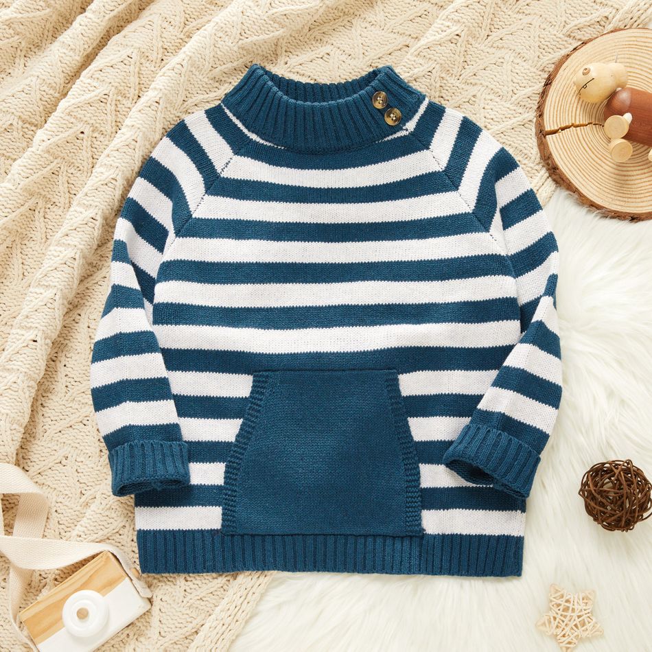 Toddler Boy Stripe Turtleneck Button Design Raglan Sleeve Knit Sweater with Pocket Dark Blue/white
