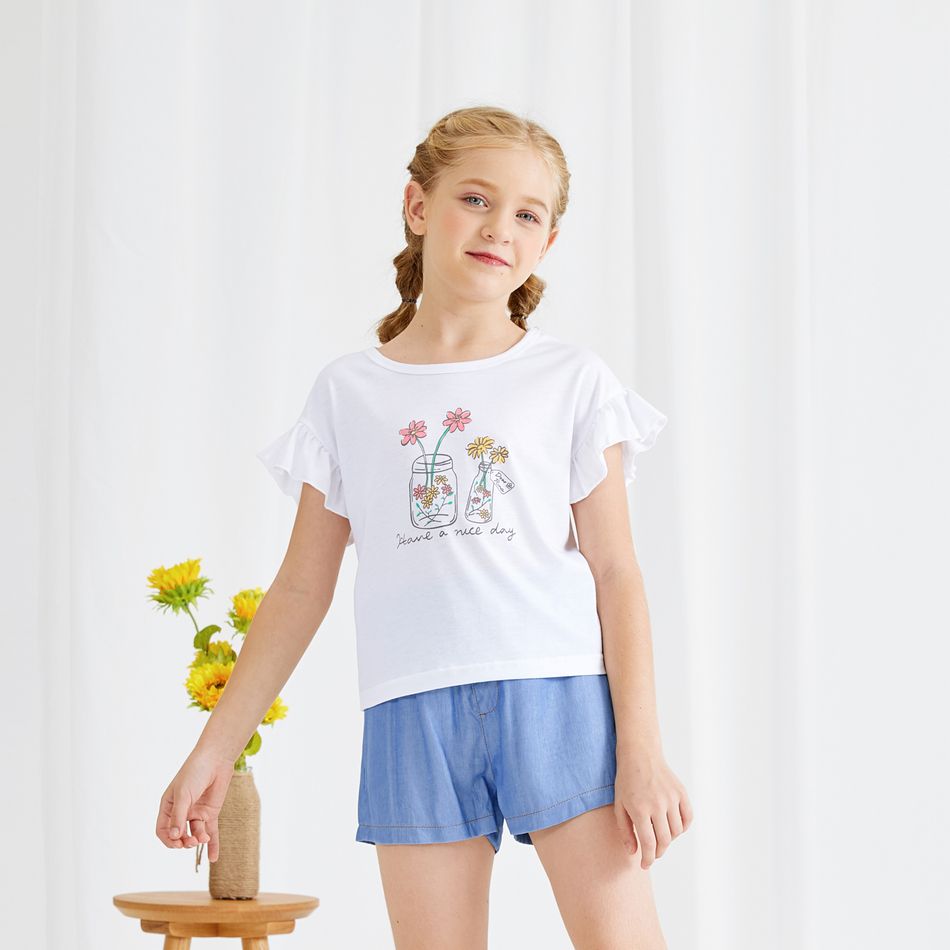 Beautiful Kid Girl Ruffle-sleeve Floral Print Denim Shorts Suits White big image 9
