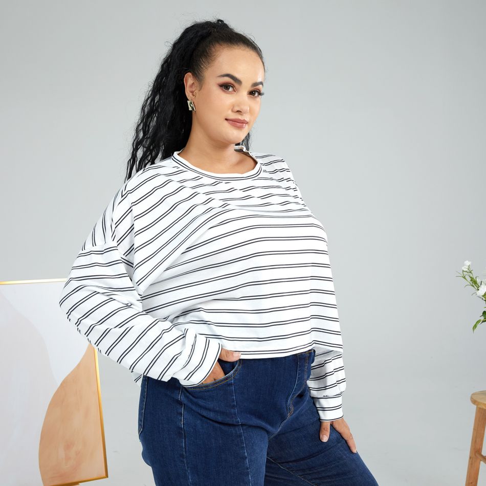 Women Plus Size Basics Round-collar Striped Long-sleeve T-shirt White