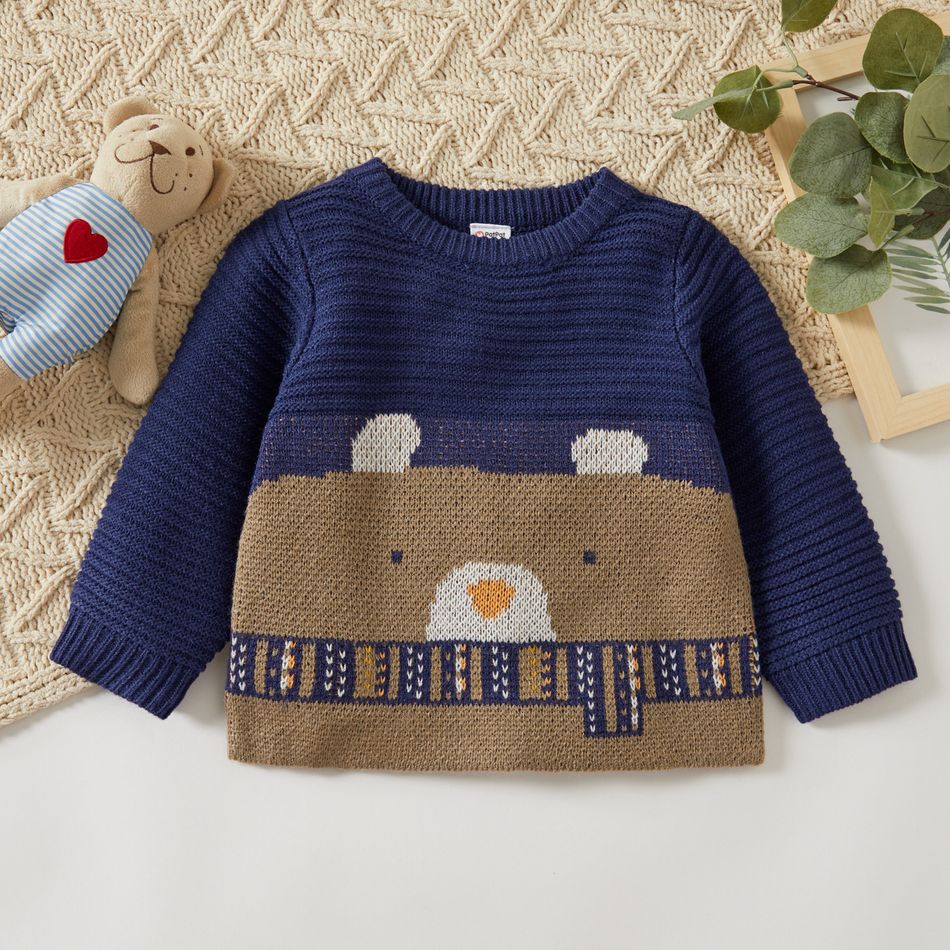 Baby Boy Cartoon Bear Pattern Colorblock Long-sleeve Knitted Sweater Pullover Dark Blue