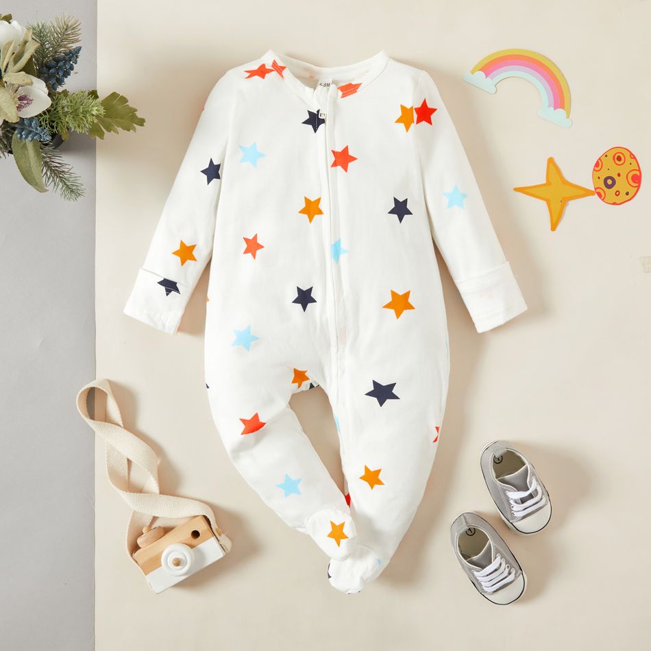 Galaxy or Cloud or Star Print Footed/footie Long-sleeve Baby Jumpsuit White
