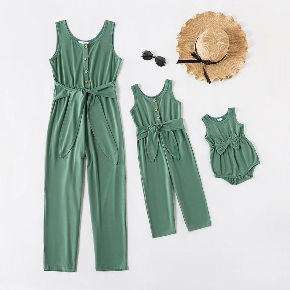 Solid Green Sleeveless Tank Tie Waist Jumpsuit for Mom and Me Turquoise