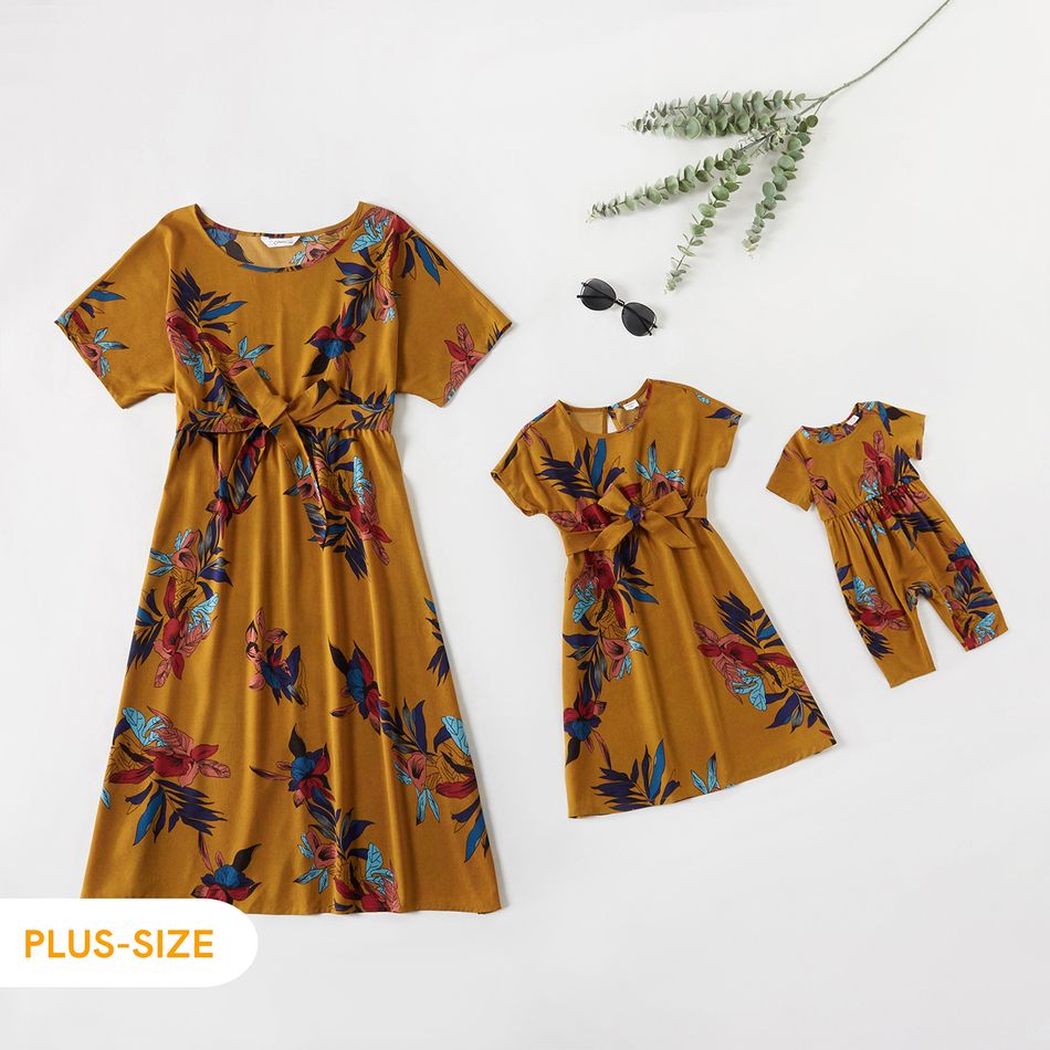 Plant Print Short-sleeve Round Neck Belted Midi Dress for Mom and Me Ginger