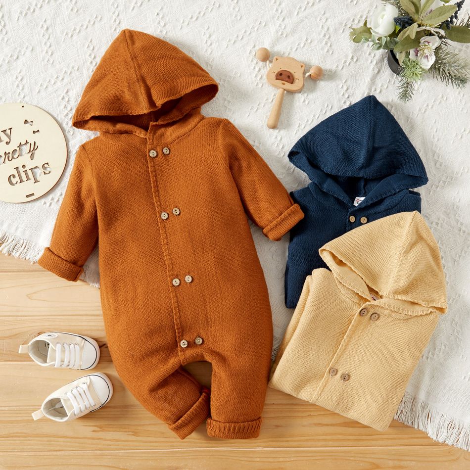 Baby Boy/Girl Solid Double Breasted Long-sleeve Hooded Knitted Jumpsuit Beige big image 2