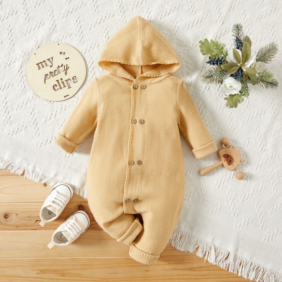 Baby Boy/Girl Solid Double Breasted Long-sleeve Hooded Knitted Jumpsuit Beige