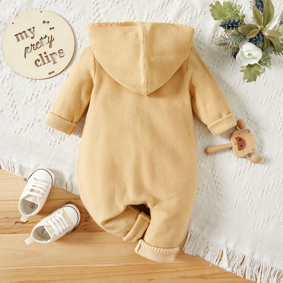 Baby Boy/Girl Solid Double Breasted Long-sleeve Hooded Knitted Jumpsuit Beige big image 3