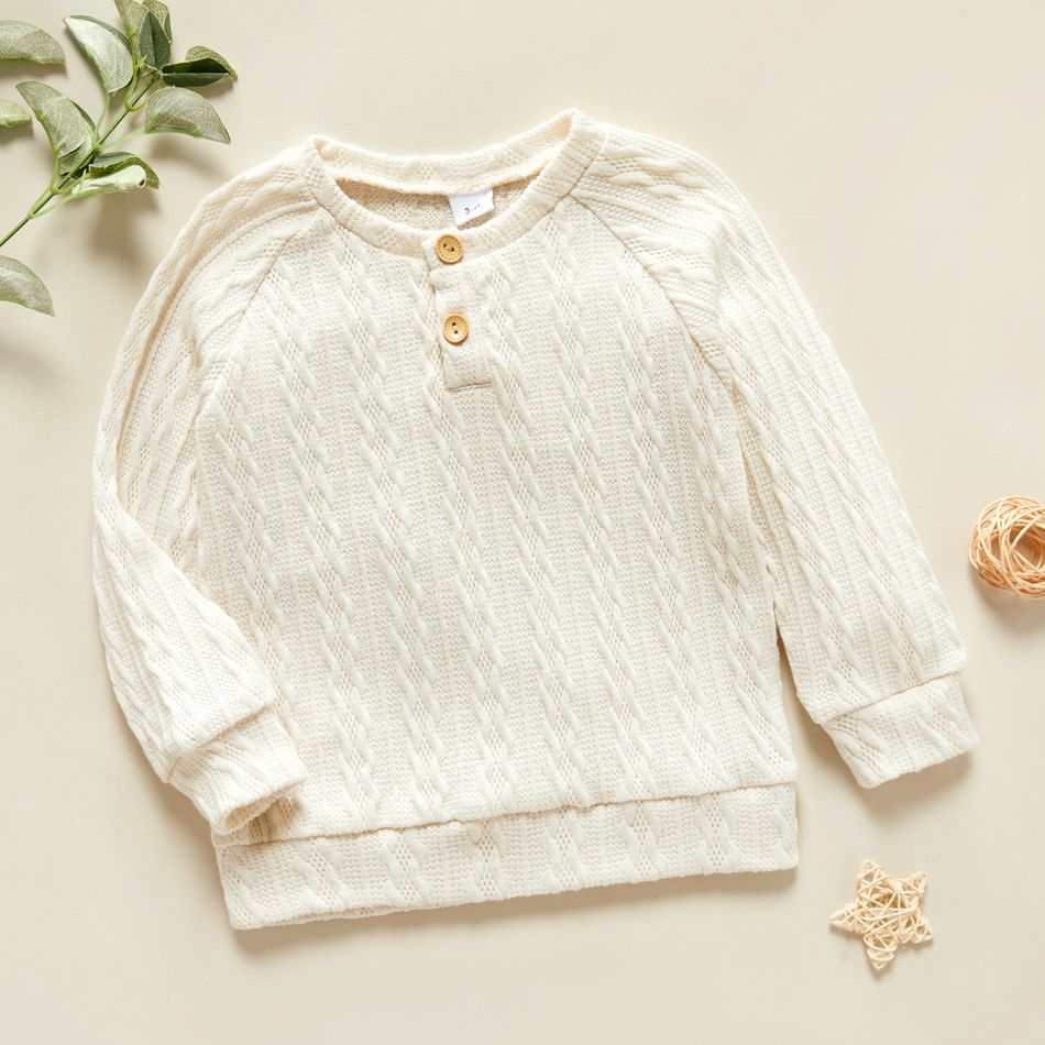 Toddler Girl/Boy Button Design Cable Knit Sweater Creamy White