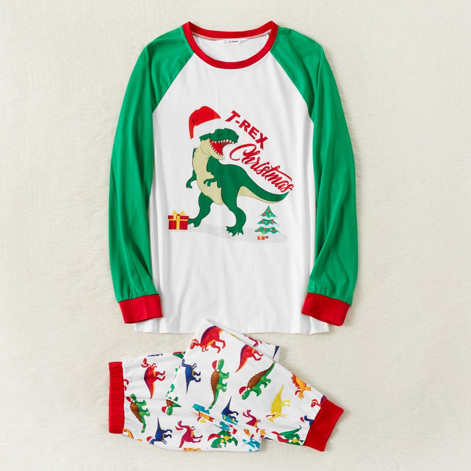 Family Matching Christmas Dinosaur and Letter Print Raglan Long-sleeve Pajamas Sets (Flame Resistant) Green/White big image 2