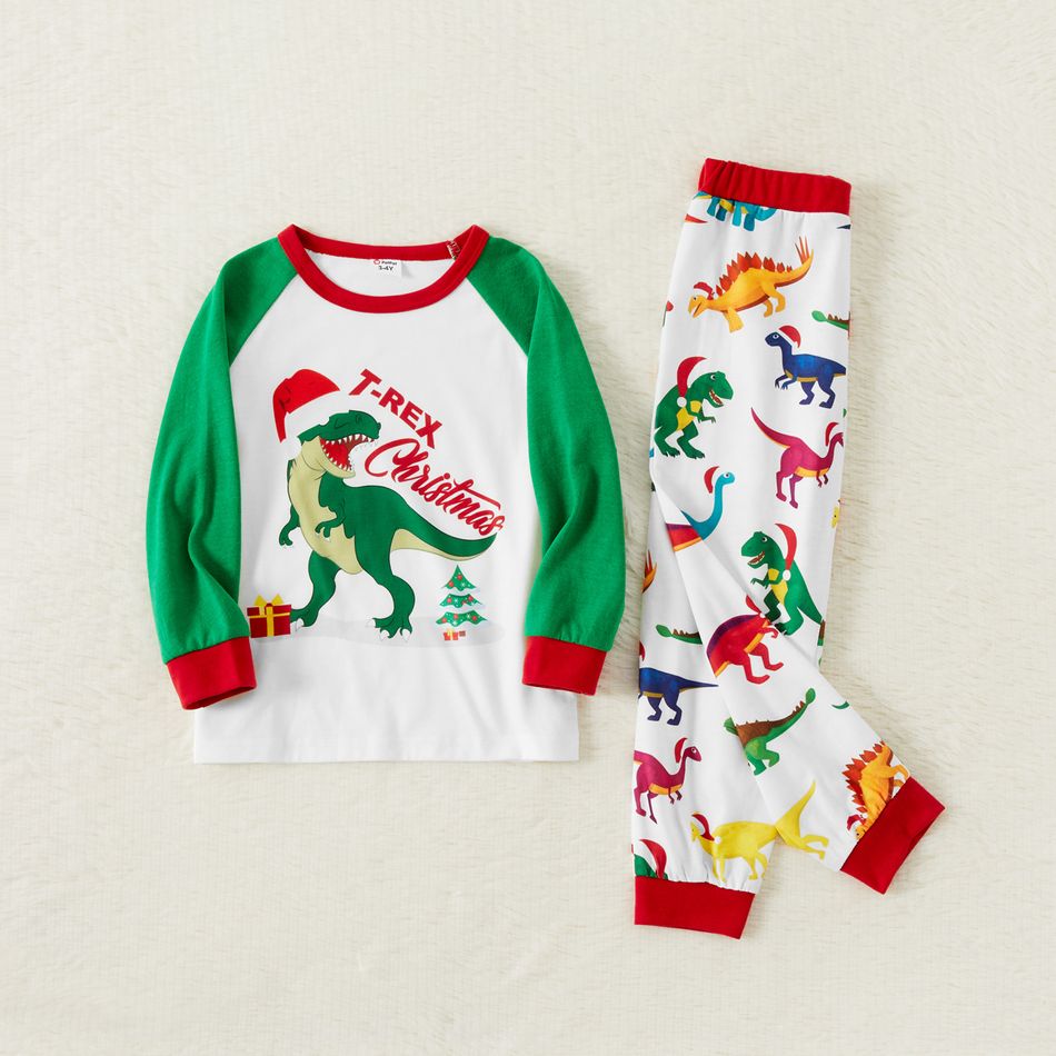 Family Matching Christmas Dinosaur and Letter Print Raglan Long-sleeve Pajamas Sets (Flame Resistant) Green/White big image 5