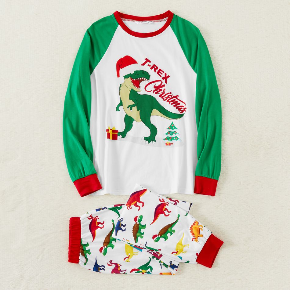 Family Matching Christmas Dinosaur and Letter Print Raglan Long-sleeve Pajamas Sets (Flame Resistant) Green/White big image 4