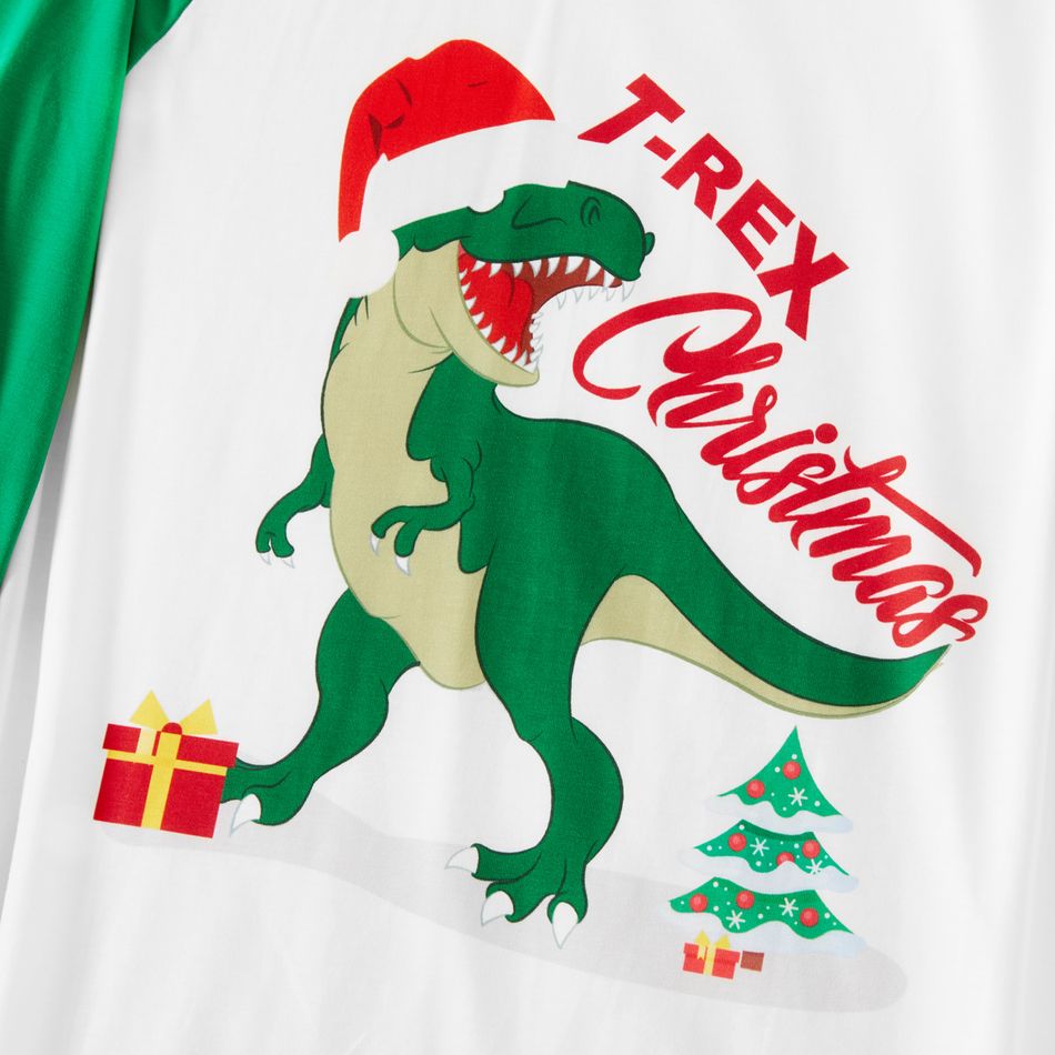 Family Matching Christmas Dinosaur and Letter Print Raglan Long-sleeve Pajamas Sets (Flame Resistant) Green/White big image 3