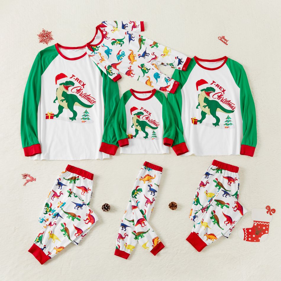 Family Matching Christmas Dinosaur and Letter Print Raglan Long-sleeve Pajamas Sets (Flame Resistant) Green/White big image 1