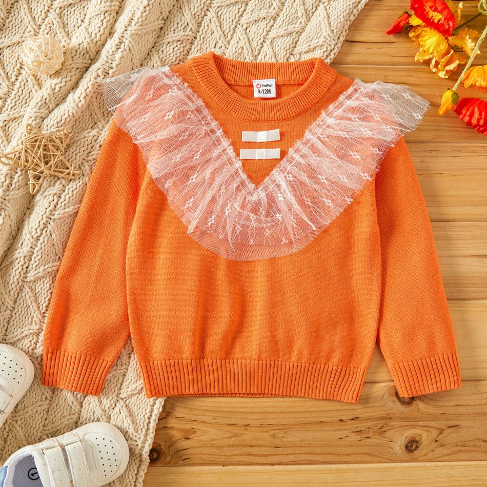 Baby Girl Ruffle Mesh Splicing Solid Long-sleeve Knitted Sweater Orange