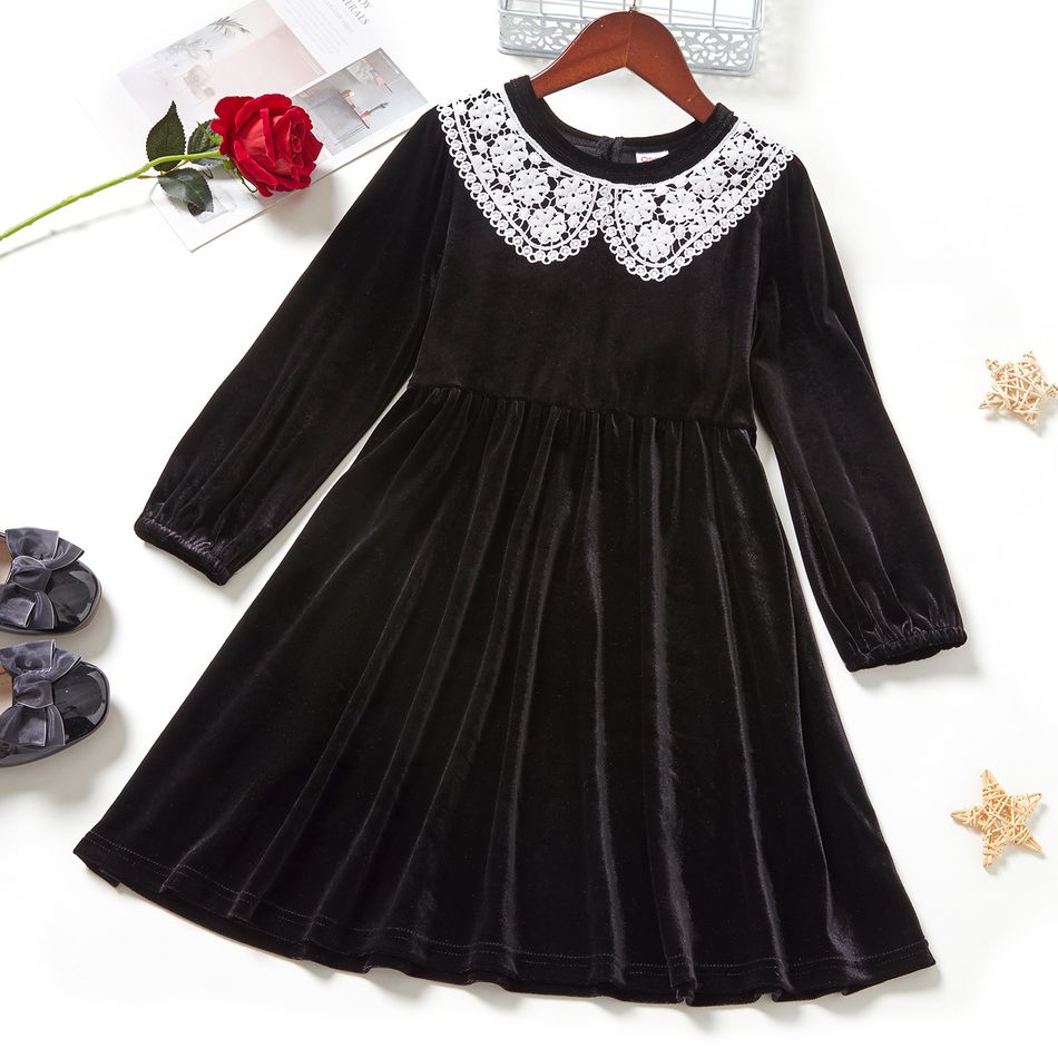 Kid Girl Lace Collar Long-sleeve Black Velvet Dress Black