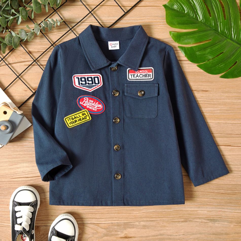 Toddler Boy 100% Cotton Letter Number Embroidered Lapel Collar Button Design Shirt Blue
