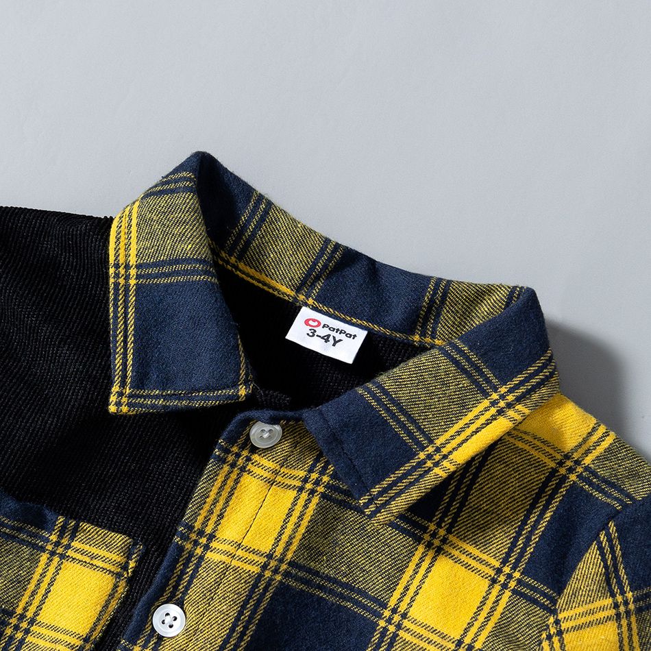 camisa de manga comprida para criança menino xadrez colorblock gola de lapela botão de design Amarelo big image 5