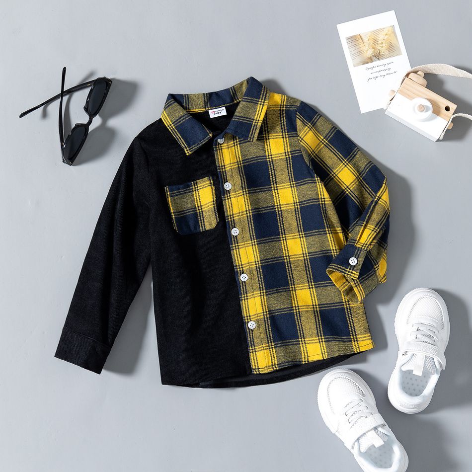 camisa de manga comprida para criança menino xadrez colorblock gola de lapela botão de design Amarelo big image 1