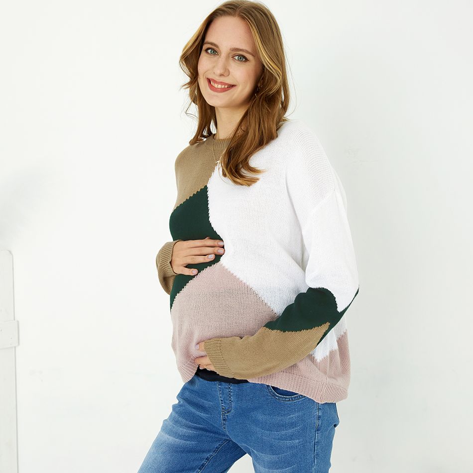 Multi-color Stitching Round Neck  Long-sleeve Maternity Knit Sweater Multi-color