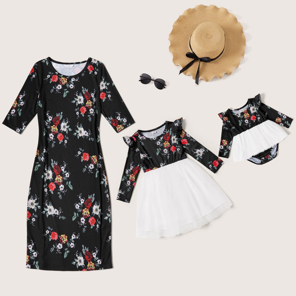 Floral Print Black Mini Dress and White Mesh Splicing Dresses for Mom and Me Black