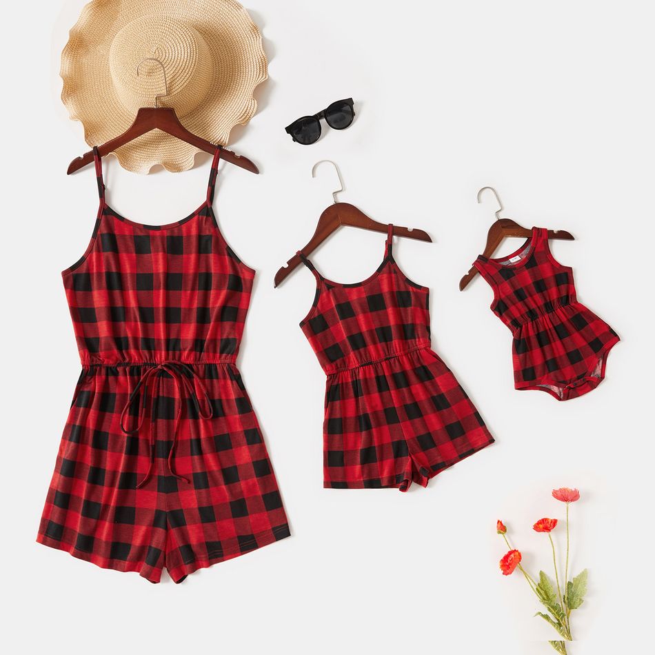 Red and Black Plaid Print Sling Shorts Romper for Mom and Me Red