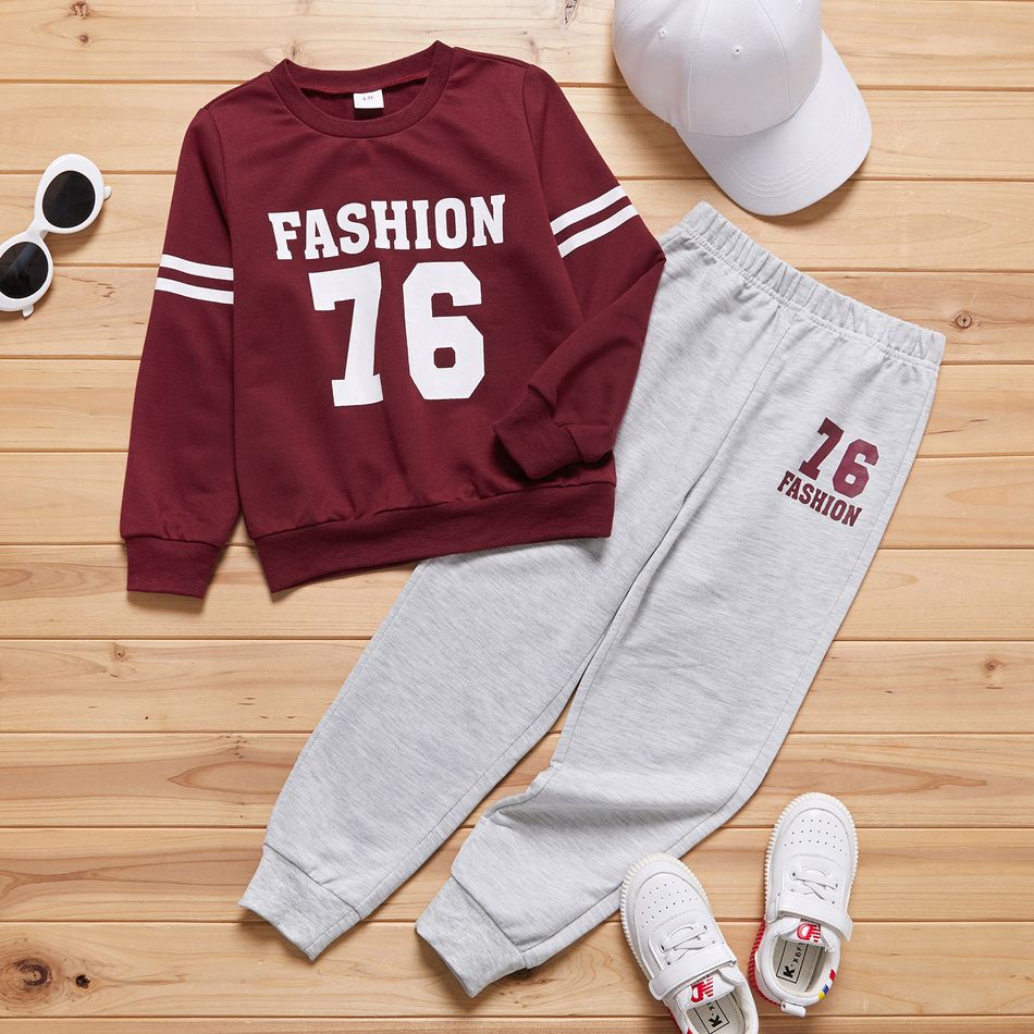 2-piece Kid Boy Letter Number Print Brick Red Pullover and Grey Pants Set Brick red big image 1