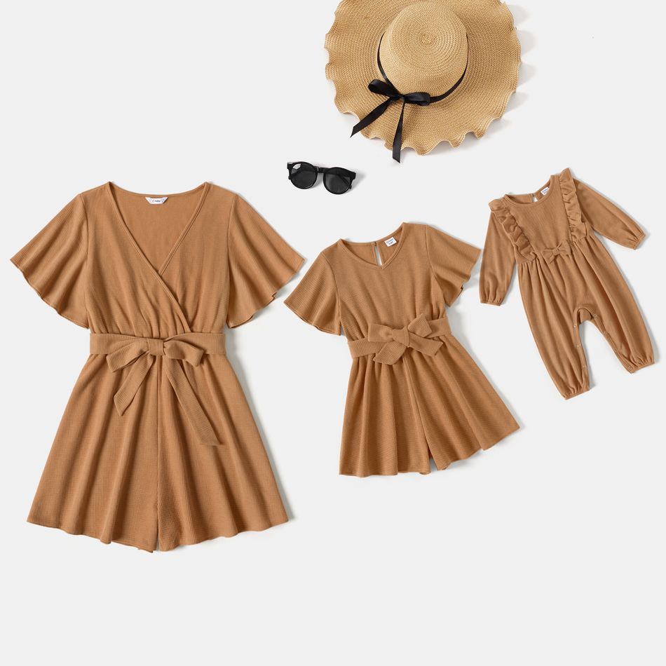 Solid Khaki Ruffle Short-sleeve V Neck Belted Romper Shorts for Mom and Me Khaki