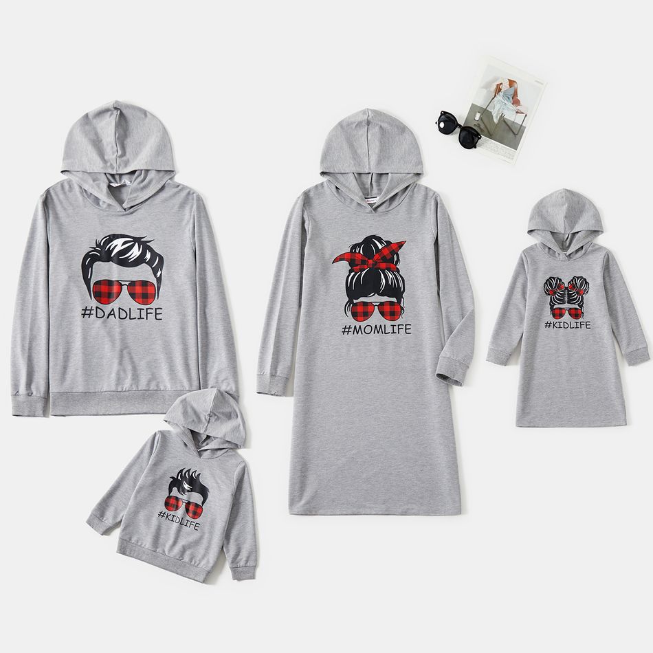 Family Matching Letter and Red Plaid Sunglasses Print Gray Long-sleeve Hooded Sweatshirts and Dresses Sets Grey