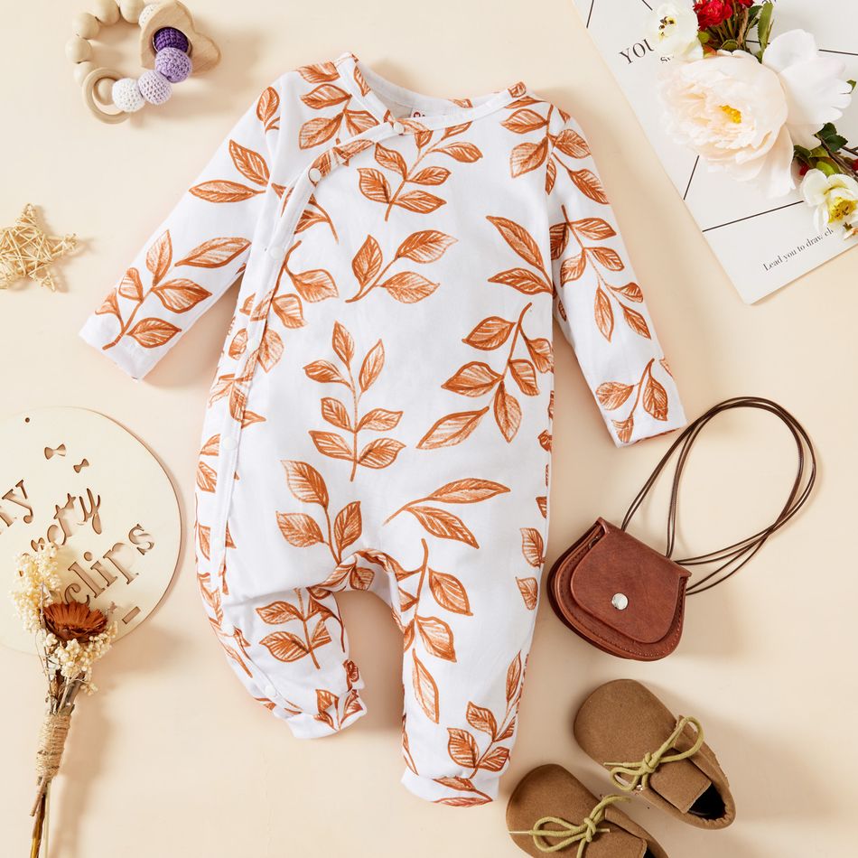 Baby Girl Leaves Print White/Brown Long-sleeve Jumpsuit White
