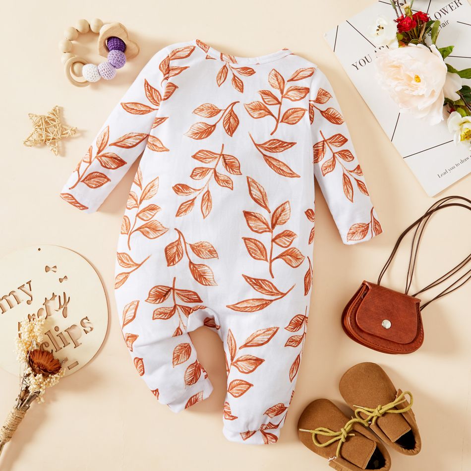 Baby Girl Leaves Print White/Brown Long-sleeve Jumpsuit White big image 5