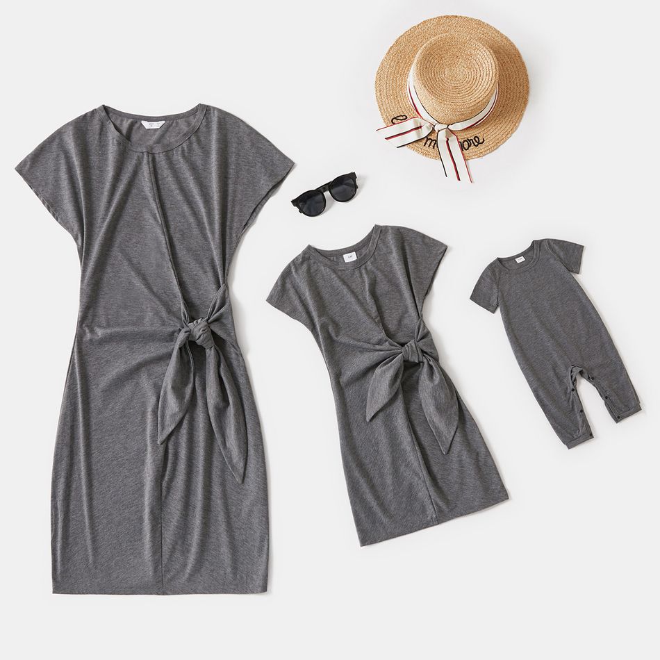 Solid Grey Short-sleeve Tie Waist Knot T-shirt Dress for Mom and Me Dark Grey
