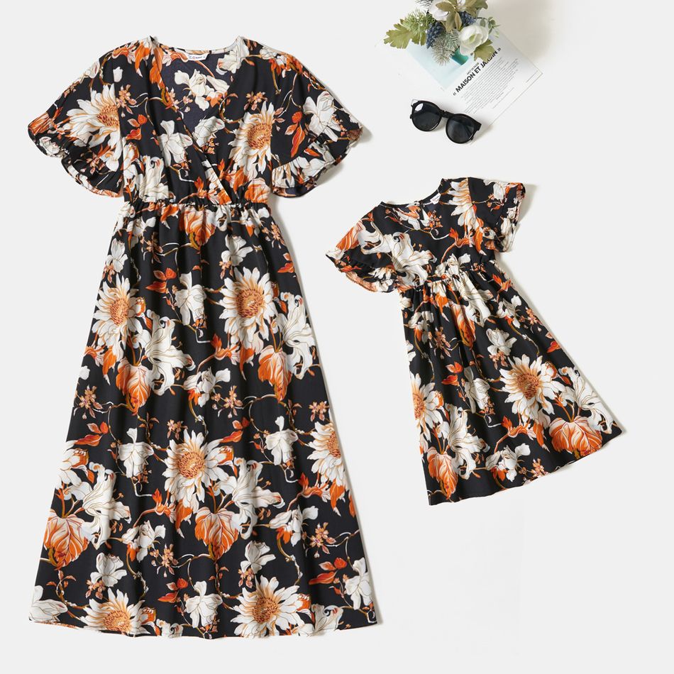 All Over Floral Print V-neck Ruffle Short-sleeve Midi Dress for Mom and Me Black