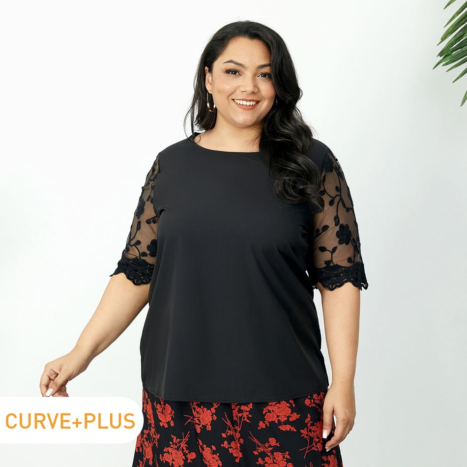 Women Plus Size Elegant Mesh Lace Half-sleeve Black Blouse Black