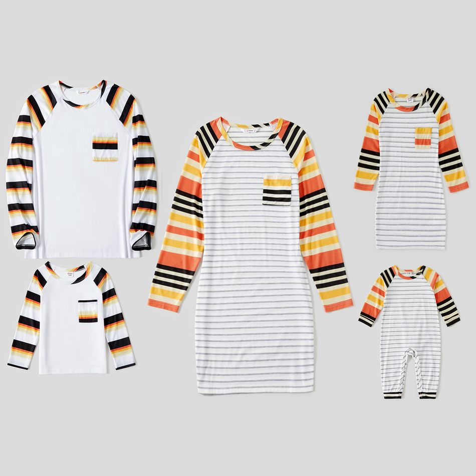 Family Matching Multicolor Striped Raglan Long-sleeve Dresses and T-shirts Sets Multi-color
