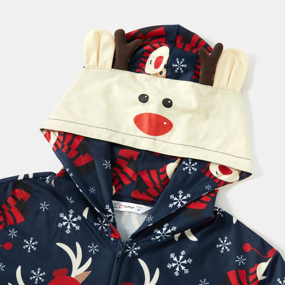 Christmas Reindeer Print 3D Ear Family Matching Long-sleeve Hooded Onesies Pajamas Sets (Flame Resistant) Dark Blue big image 3
