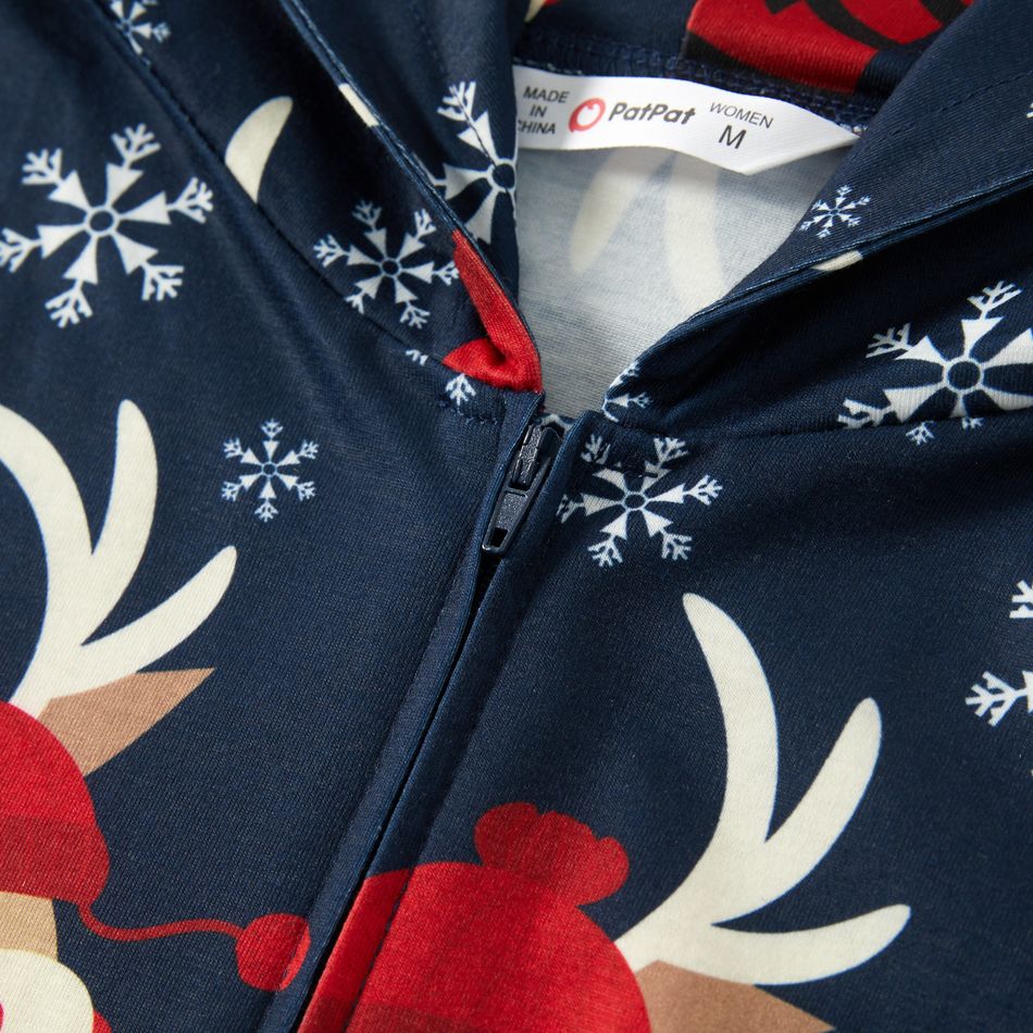 Christmas Reindeer Print 3D Ear Family Matching Long-sleeve Hooded Onesies Pajamas Sets (Flame Resistant) Dark Blue big image 5