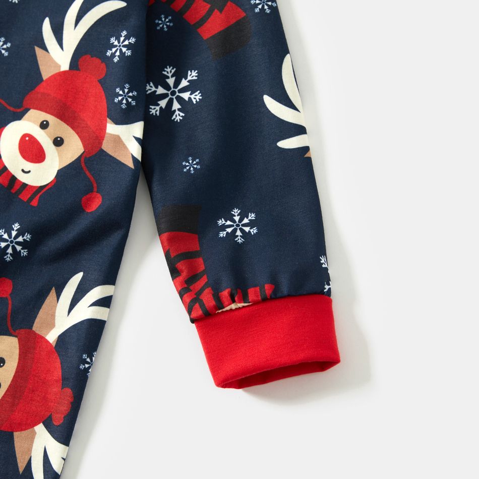 Christmas Reindeer Print 3D Ear Family Matching Long-sleeve Hooded Onesies Pajamas Sets (Flame Resistant) Dark Blue big image 7