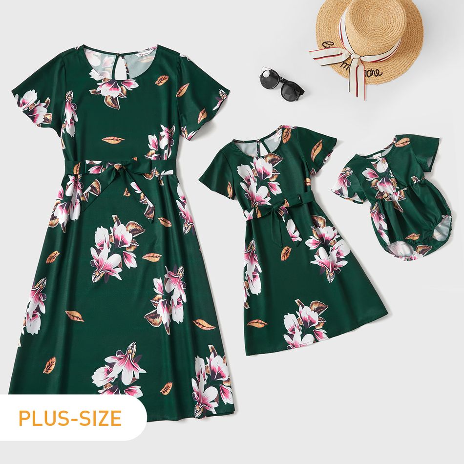 Dark Green Floral Print Crewneck Short-sleeve Belted Chiffon Dress for Mom and Me Dark Green