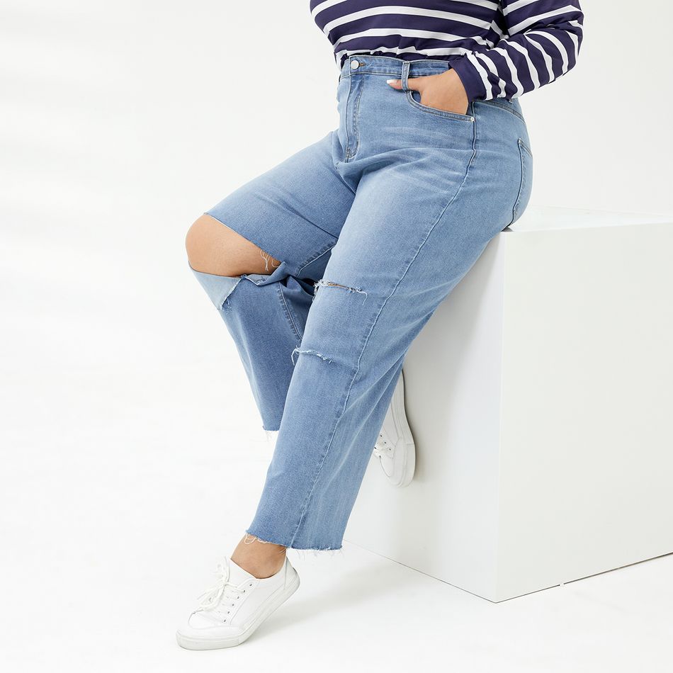 Women Plus Size Casual Cutout Blue Ripped Denim Jeans Blue big image 2