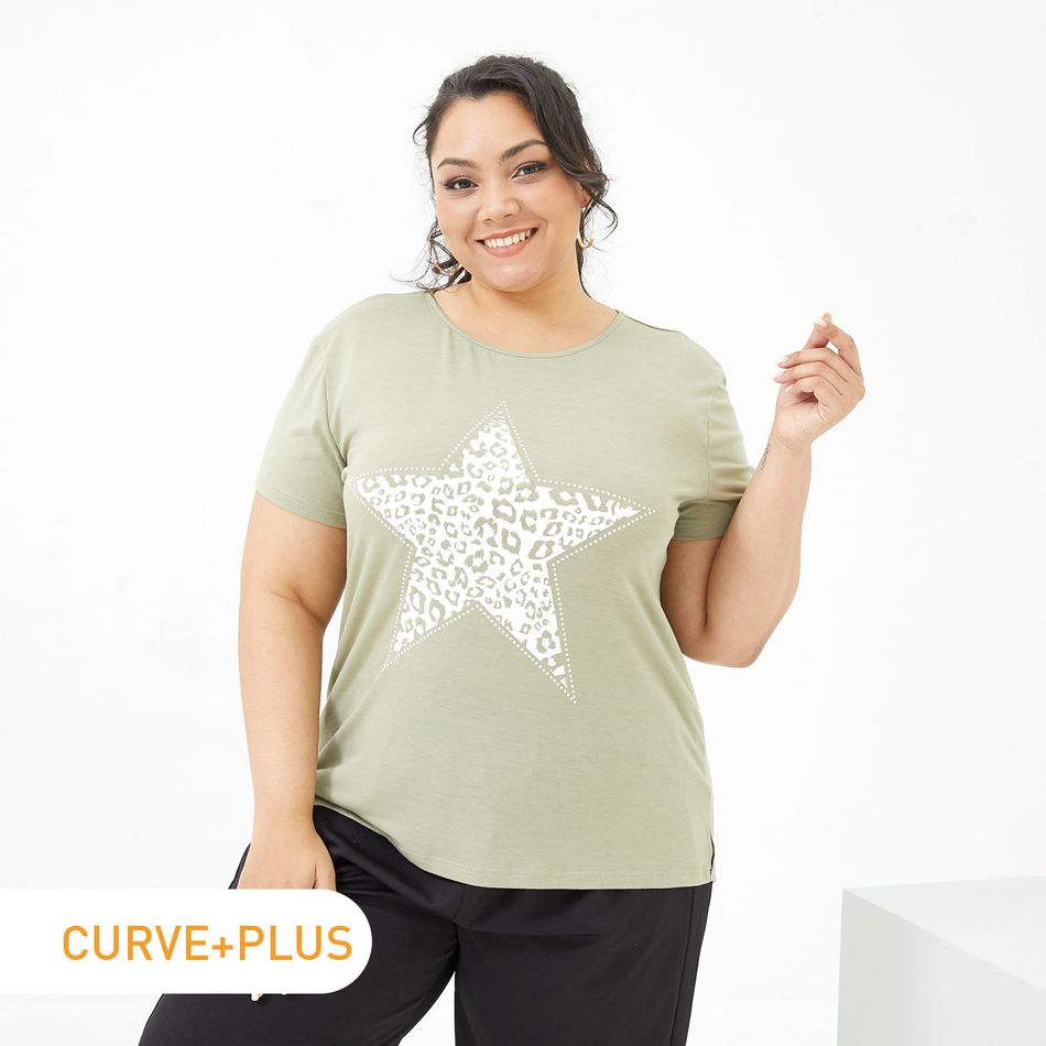 Women Plus Size Casual Star Leopard Print Short-sleeve Green Tee Green