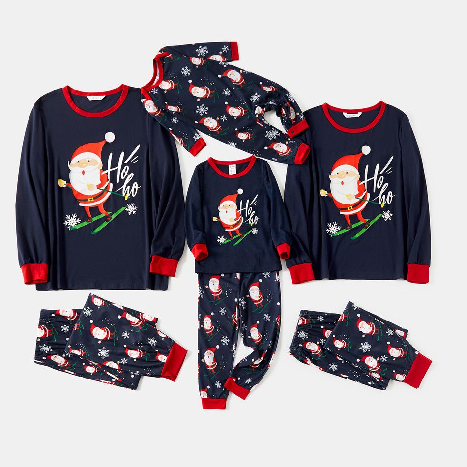 Christmas Santa and Snowflake Print Family Matching Long-sleeve Crewneck Pajamas Sets (Flame Resistant) Royal Blue